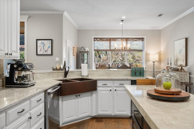 kitchen featuring white cabinetry, dishwasher, sink, and light stone counters