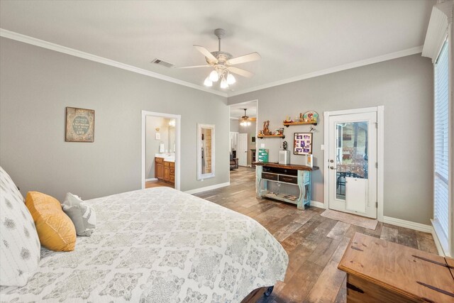 bathroom featuring tile patterned flooring, ornamental molding, vanity, and ceiling fan