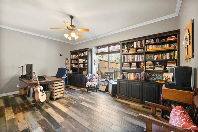 bedroom with ornamental molding, dark hardwood / wood-style floors, and ceiling fan