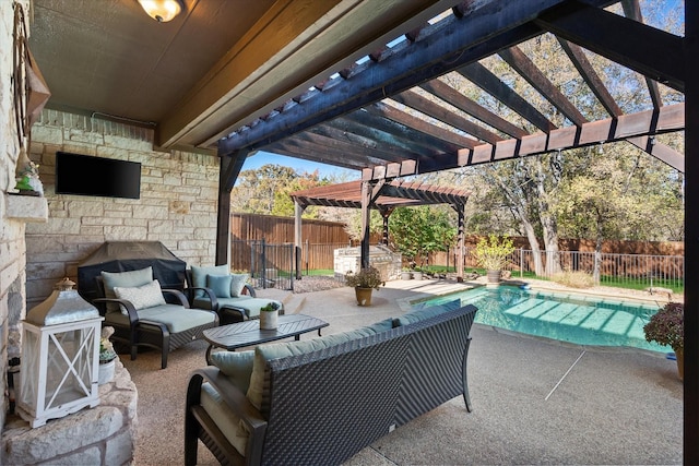 view of patio featuring a fenced in pool, an outdoor hangout area, and a pergola