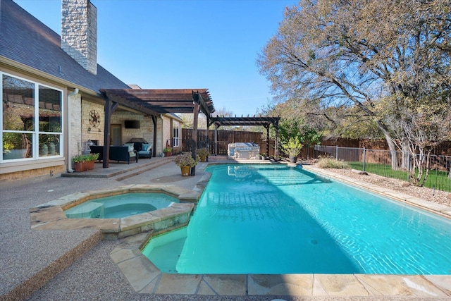 view of pool featuring an in ground hot tub, a patio area, and a pergola