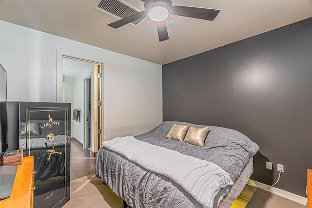 bedroom featuring carpet flooring and ceiling fan