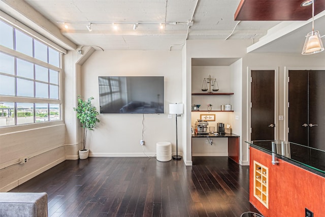 living room featuring dark wood-type flooring and track lighting