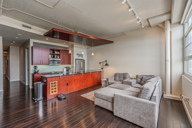 living room featuring rail lighting and dark hardwood / wood-style floors