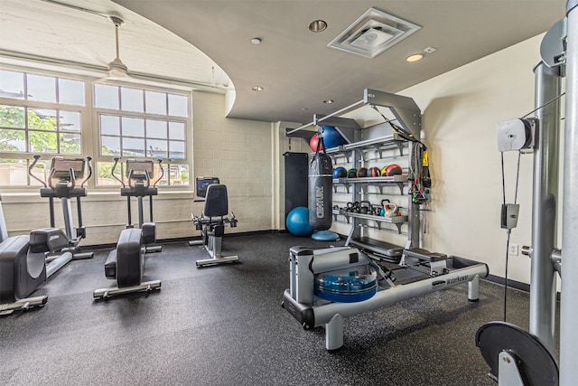 workout area with ceiling fan