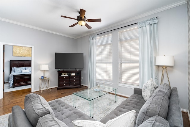 living room featuring dark hardwood / wood-style flooring, ceiling fan, and crown molding