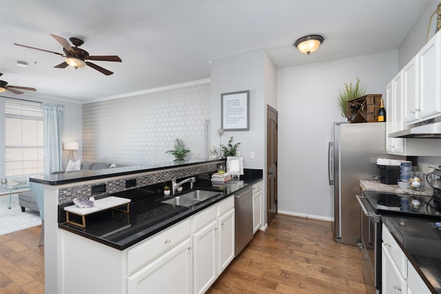 kitchen with sink, appliances with stainless steel finishes, white cabinetry, dark hardwood / wood-style floors, and kitchen peninsula