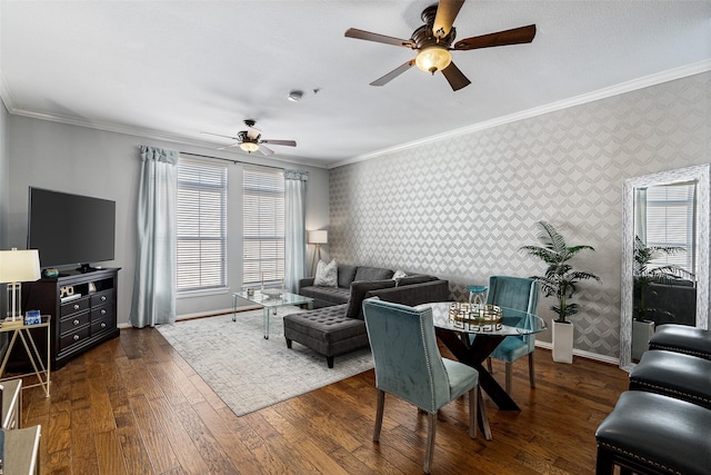 living room with dark hardwood / wood-style floors and ornamental molding