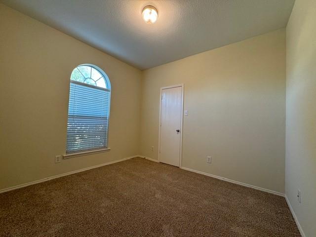 spare room featuring dark carpet and lofted ceiling