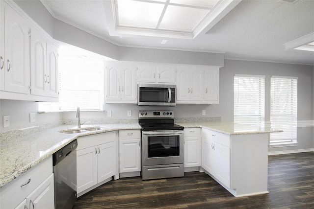 kitchen featuring appliances with stainless steel finishes, kitchen peninsula, sink, and white cabinets