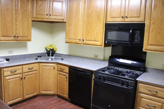 kitchen with dark hardwood / wood-style flooring, sink, and black appliances