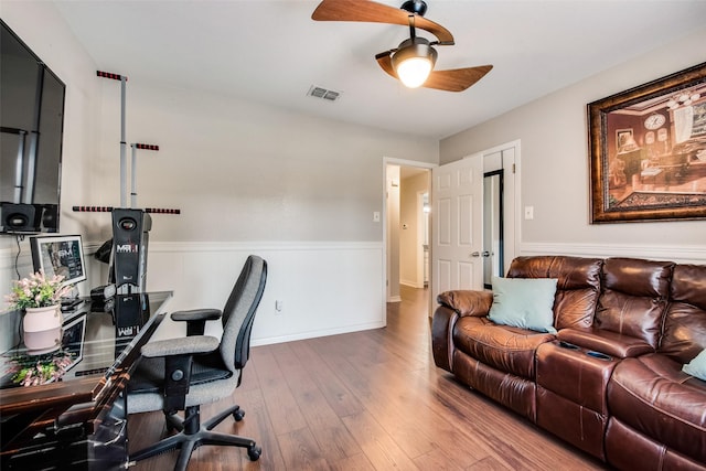 office featuring ceiling fan and hardwood / wood-style flooring