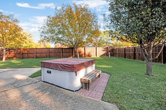 view of yard with a patio area and a hot tub