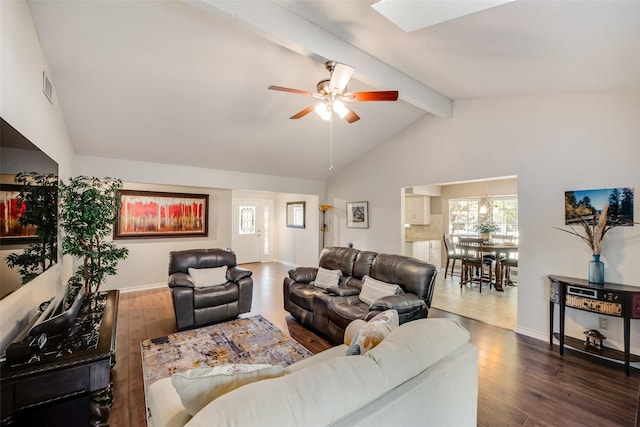 living room with beam ceiling, ceiling fan, high vaulted ceiling, and dark hardwood / wood-style floors