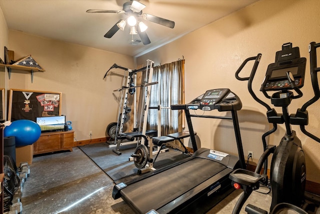 workout room with ceiling fan