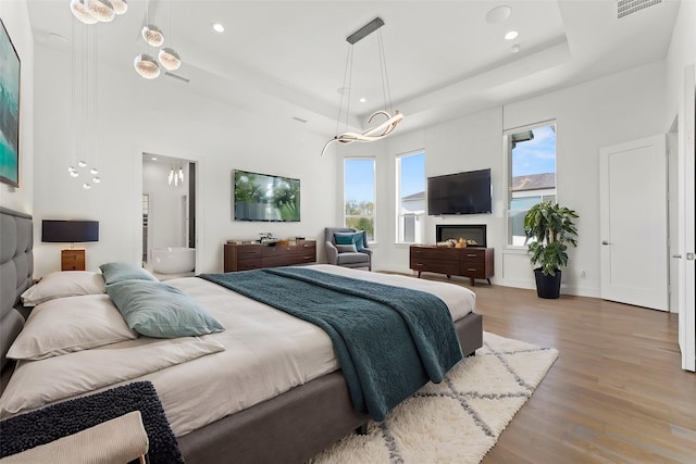 bedroom with a raised ceiling and light hardwood / wood-style flooring