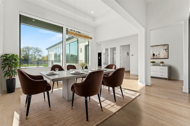 dining room with a towering ceiling and light wood-type flooring