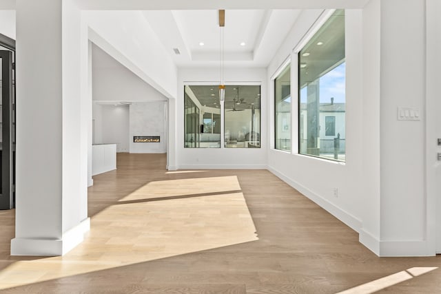 interior space with a raised ceiling and light hardwood / wood-style flooring