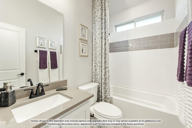 full bathroom with vanity, shower / bathtub combination with curtain, and toilet