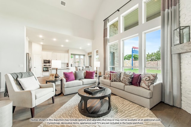 living room featuring high vaulted ceiling, light hardwood / wood-style flooring, and a wealth of natural light