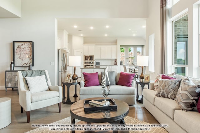 living room with light hardwood / wood-style floors and sink