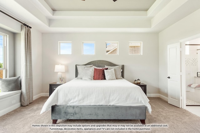 carpeted bedroom with a tray ceiling and multiple windows