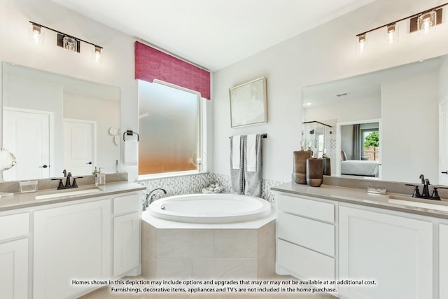 bathroom with vanity and plus walk in shower