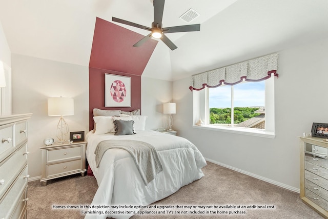 carpeted bedroom featuring vaulted ceiling and ceiling fan