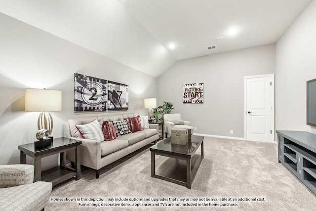 living room with lofted ceiling and light carpet