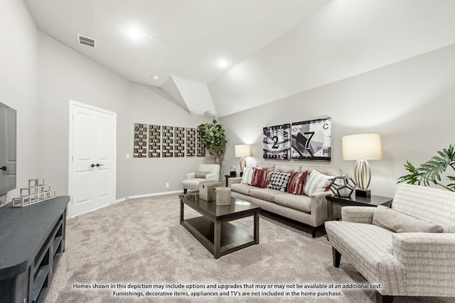 living room featuring light carpet and vaulted ceiling