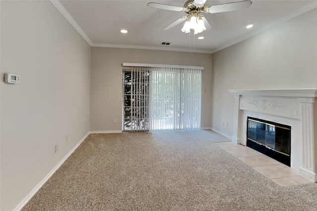 unfurnished living room featuring ceiling fan, crown molding, and light carpet