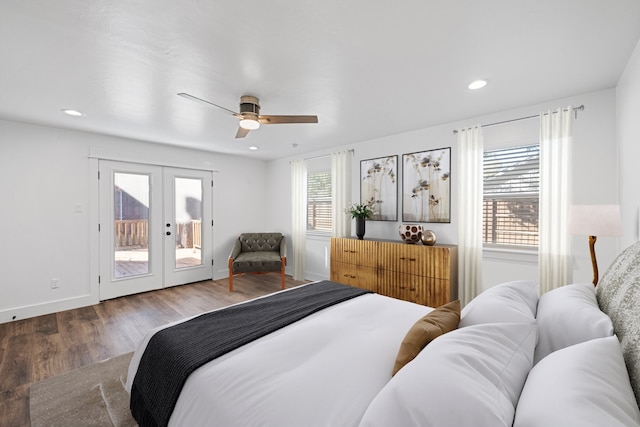 bedroom featuring access to exterior, hardwood / wood-style flooring, french doors, and ceiling fan