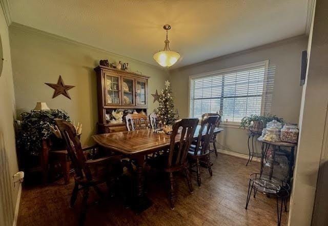 dining area with crown molding and hardwood / wood-style floors