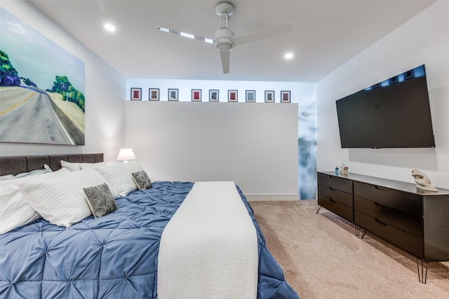 carpeted bedroom featuring ceiling fan