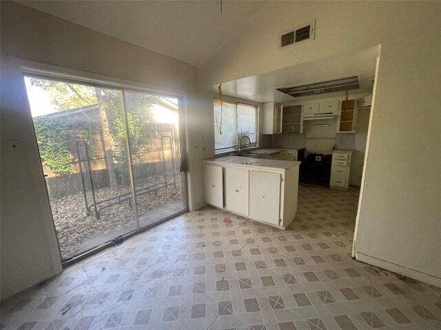 kitchen with white cabinetry, lofted ceiling, and sink