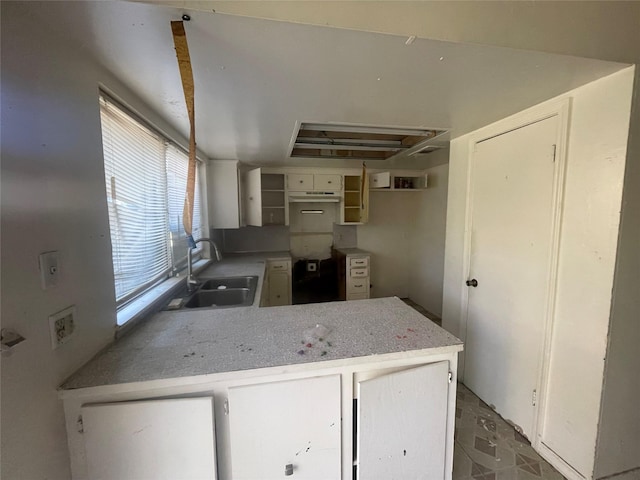 kitchen featuring kitchen peninsula, sink, and white cabinets