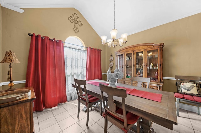 dining space featuring light tile patterned flooring, ornamental molding, lofted ceiling, and a notable chandelier