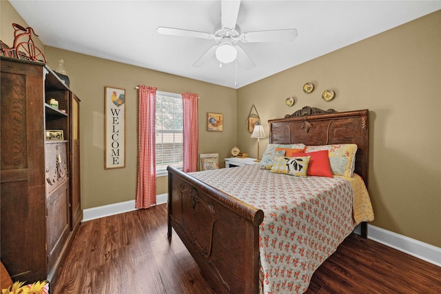 bedroom with ceiling fan and dark hardwood / wood-style flooring