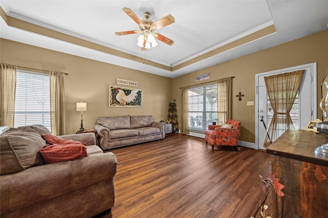 living room with dark hardwood / wood-style floors, ornamental molding, and a tray ceiling