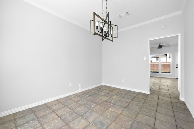 unfurnished dining area featuring crown molding and ceiling fan with notable chandelier