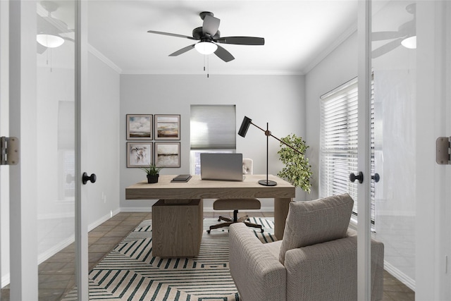 office featuring ceiling fan, crown molding, and french doors