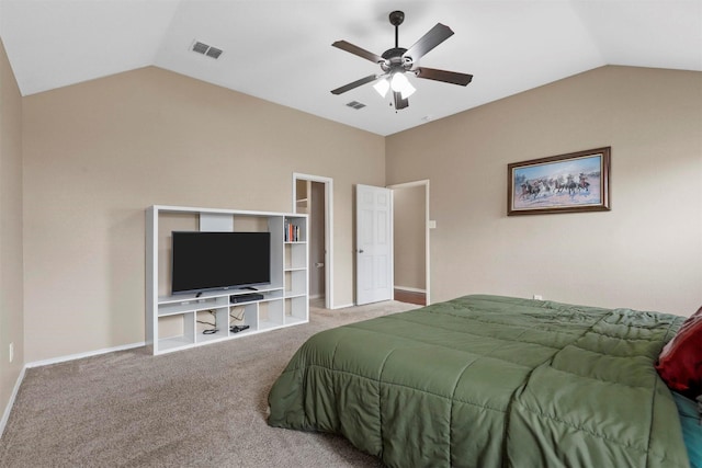 carpeted bedroom with ceiling fan and lofted ceiling