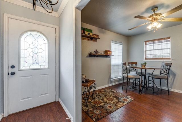 entrance foyer with a wealth of natural light, ceiling fan with notable chandelier, and dark hardwood / wood-style floors