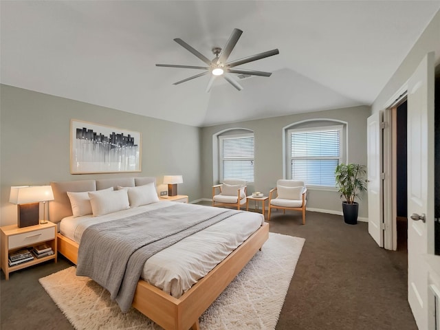 carpeted bedroom featuring lofted ceiling and ceiling fan