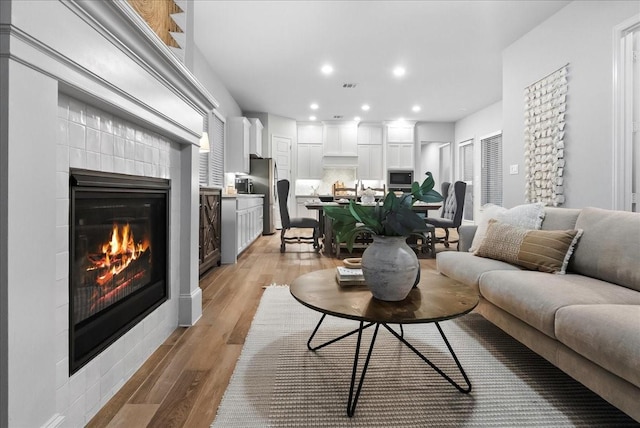 living room featuring a fireplace and light hardwood / wood-style flooring