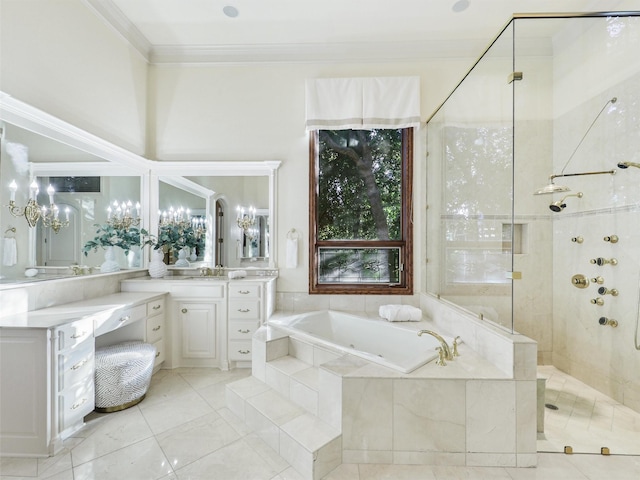 bathroom with vanity, separate shower and tub, ornamental molding, and an inviting chandelier