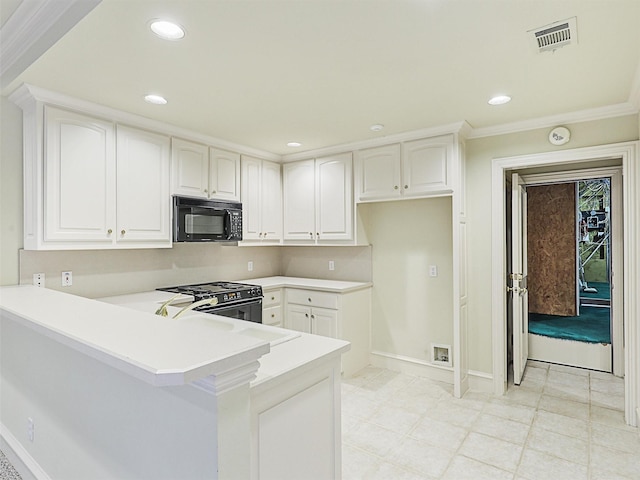 kitchen featuring black appliances, sink, crown molding, kitchen peninsula, and white cabinetry