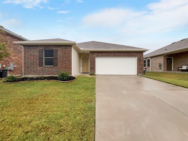 single story home with a garage and a front yard