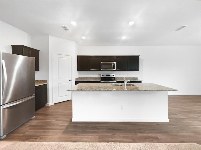 kitchen featuring sink, light stone countertops, an island with sink, and appliances with stainless steel finishes