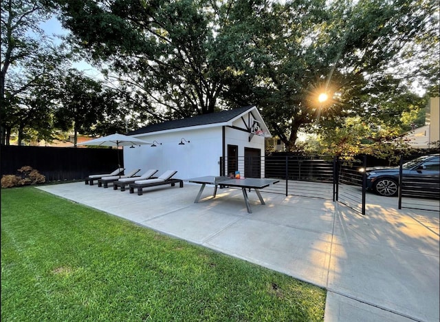 view of patio / terrace featuring an outdoor structure